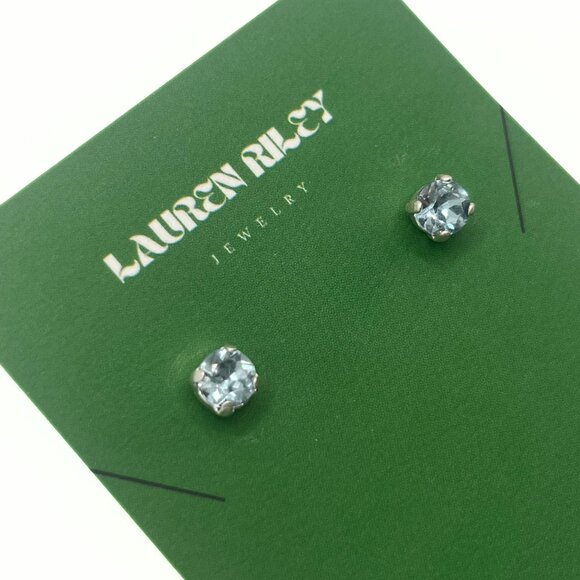 Handcrafted Light Blue Crystal Stud Earrings Shiny Silver Plated - Nickel-Free - Picture 3 of 4